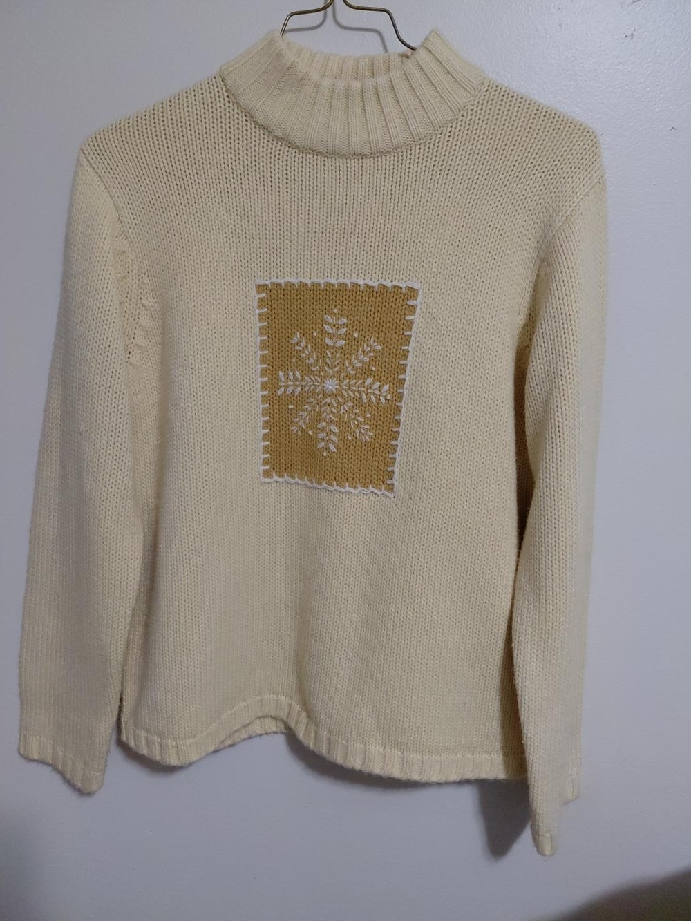 Sag Harbor Cream Coastal Turtleneck Sweater with Mustard Snowflake Patch
